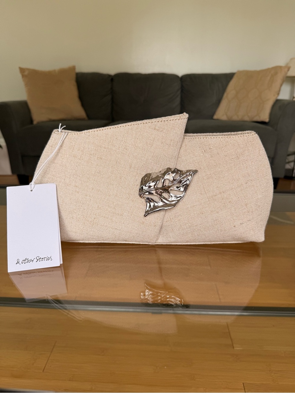 NEW! & Other Stories - Leaf Brooch Canvas Clutch - Beige